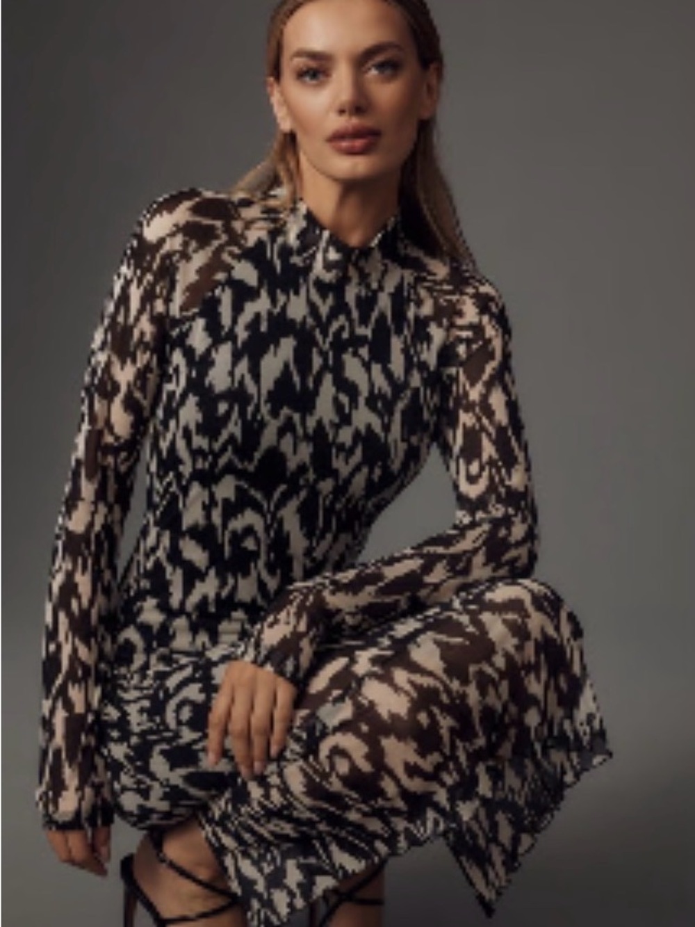 Anthropologie Black and Cream Printed Long-Sleeve Midi Dress